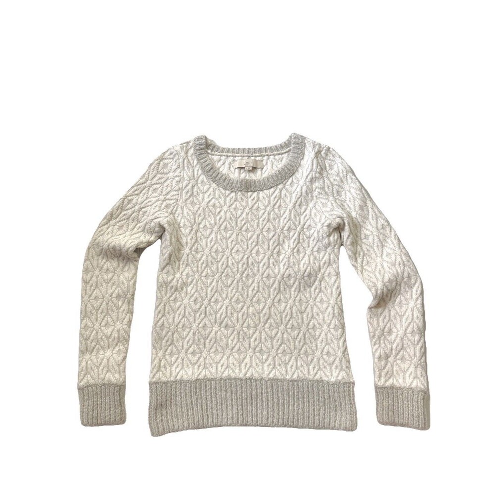 LOFT Womens Textured Diamond Knit Sweater S  Nylon Mohair Wool Blend White Gray